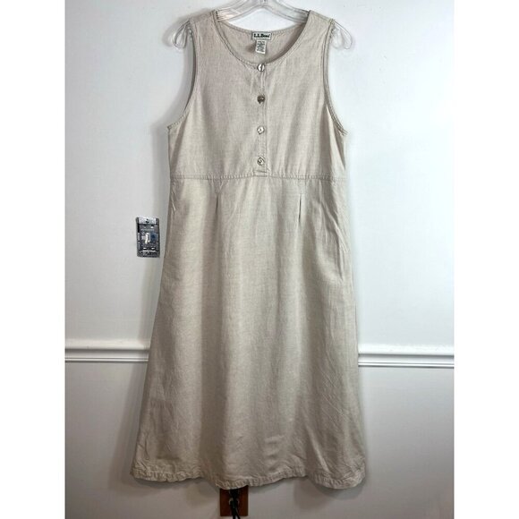 LL BEAN Women's Sleeveless V Neck  Dress Linen Beige Minimalist Petite 10 Casual - Picture 1 of 7